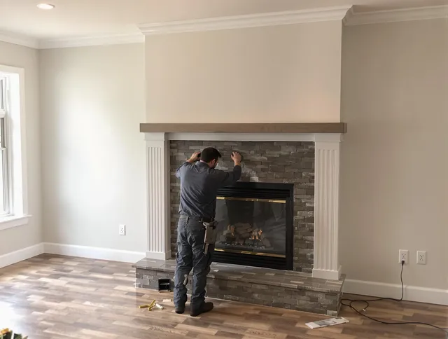 Bradenton Chimney Sweep finishing a custom fireplace install in Bradenton, FL